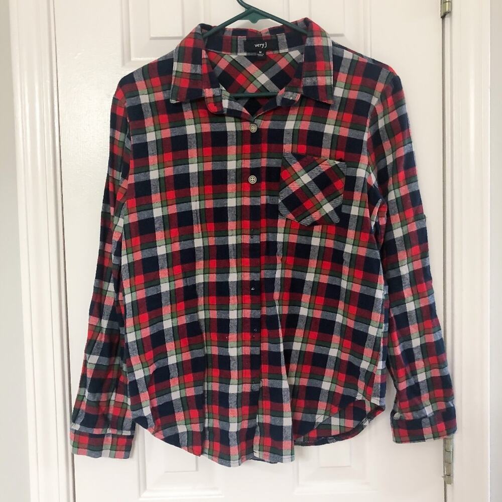 VERY J • Red + Green Plaid Flannel Button Down Shirt